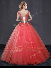 Tulle Sleeveless Floor Length Quinceanera Dresses and Appliques and Belt