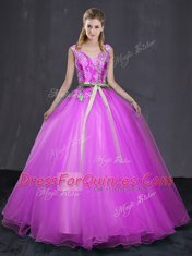 Dynamic Fuchsia V-neck Neckline Appliques and Belt Quince Ball Gowns Sleeveless Lace Up