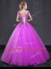 Dynamic Fuchsia V-neck Neckline Appliques and Belt Quince Ball Gowns Sleeveless Lace Up