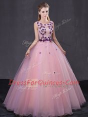 Scoop Baby Pink Lace Up 15 Quinceanera Dress Appliques Sleeveless Floor Length