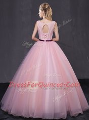 Scoop Baby Pink Lace Up 15 Quinceanera Dress Appliques Sleeveless Floor Length