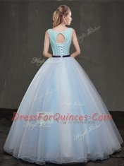 Light Blue Lace Up Scoop Appliques 15th Birthday Dress Organza Sleeveless