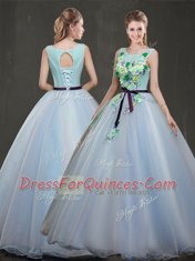 Light Blue Lace Up Scoop Appliques 15th Birthday Dress Organza Sleeveless