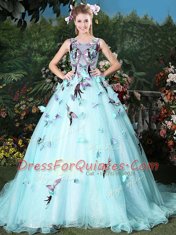 Eye-catching Scoop Sleeveless Brush Train Lace Up Quinceanera Gown Light Blue Organza