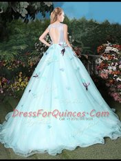 Eye-catching Scoop Sleeveless Brush Train Lace Up Quinceanera Gown Light Blue Organza