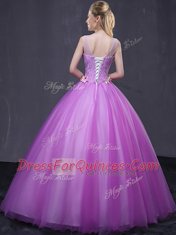 Inexpensive Scoop Sleeveless 15 Quinceanera Dress Floor Length Beading and Appliques Lilac Tulle