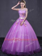 Inexpensive Scoop Sleeveless 15 Quinceanera Dress Floor Length Beading and Appliques Lilac Tulle