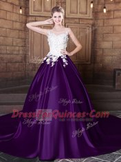 Ideal Scoop Sleeveless With Train Lace and Appliques Lace Up Quinceanera Gowns with Dark Purple Court Train