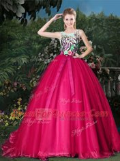 Dramatic Scoop Hot Pink Sleeveless Brush Train Appliques and Belt Quince Ball Gowns Dramatic Scoop Hot Pink Sleeveless Brush Train Appliques and Belt Quince Ball Gowns