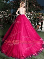 Dramatic Scoop Hot Pink Sleeveless Brush Train Appliques and Belt Quince Ball Gowns