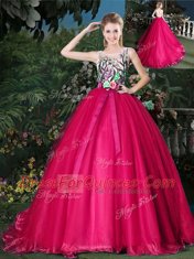 Dramatic Scoop Hot Pink Sleeveless Brush Train Appliques and Belt Quince Ball Gowns