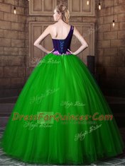 Beauteous One Shoulder Floor Length Lace Up Ball Gown Prom Dress for Military Ball and Sweet 16 and Quinceanera with Pattern