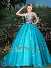Popular Scoop Sleeveless Organza Brush Train Zipper Sweet 16 Dresses in Teal with Appliques and Belt