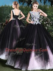 Beautiful Pink And Black Ball Gowns Scoop Sleeveless Tulle Floor Length Lace Up Appliques and Ruffles Sweet 16 Dress