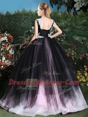 Beautiful Pink And Black Ball Gowns Scoop Sleeveless Tulle Floor Length Lace Up Appliques and Ruffles Sweet 16 Dress
