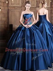 Floor Length Lace Up Sweet 16 Dresses Navy Blue for Military Ball and Sweet 16 and Quinceanera with Appliques