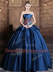 Floor Length Lace Up Sweet 16 Dresses Navy Blue for Military Ball and Sweet 16 and Quinceanera with Appliques