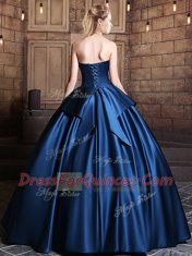 Floor Length Lace Up Sweet 16 Dresses Navy Blue for Military Ball and Sweet 16 and Quinceanera with Appliques