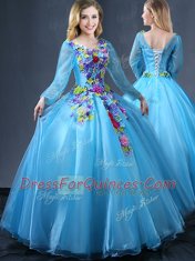 Enchanting Baby Blue Ball Gowns Appliques 15th Birthday Dress Lace Up Tulle Long Sleeves Floor Length