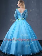 Enchanting Baby Blue Ball Gowns Appliques 15th Birthday Dress Lace Up Tulle Long Sleeves Floor Length