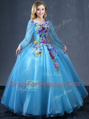 Enchanting Baby Blue Ball Gowns Appliques 15th Birthday Dress Lace Up Tulle Long Sleeves Floor Length