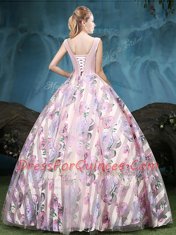 Fabulous Multi-color Ball Gowns Tulle Straps Sleeveless Appliques and Pattern Floor Length Lace Up Vestidos de Quinceanera