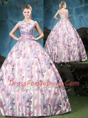 Fabulous Multi-color Ball Gowns Tulle Straps Sleeveless Appliques and Pattern Floor Length Lace Up Vestidos de Quinceanera