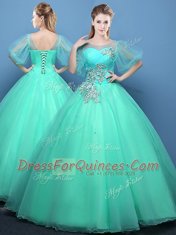 Perfect Scoop Turquoise Half Sleeves Organza Lace Up Quinceanera Dress for Military Ball and Sweet 16 and Quinceanera