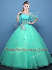 Perfect Scoop Turquoise Half Sleeves Organza Lace Up Quinceanera Dress for Military Ball and Sweet 16 and Quinceanera
