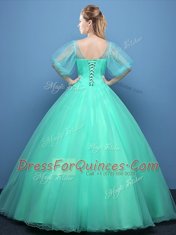 Perfect Scoop Turquoise Half Sleeves Organza Lace Up Quinceanera Dress for Military Ball and Sweet 16 and Quinceanera