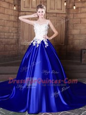 Luxury Scoop Royal Blue Sleeveless Court Train Appliques With Train Quinceanera Dress