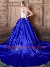 Luxury Scoop Royal Blue Sleeveless Court Train Appliques With Train Quinceanera Dress