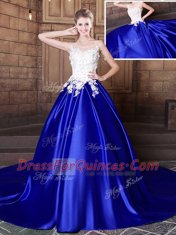 Luxury Scoop Royal Blue Sleeveless Court Train Appliques With Train Quinceanera Dress