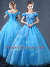 Off the Shoulder Floor Length Ball Gowns Short Sleeves Baby Blue Sweet 16 Dresses Lace Up