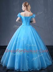 Off the Shoulder Floor Length Ball Gowns Short Sleeves Baby Blue Sweet 16 Dresses Lace Up