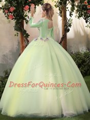 Elegant Light Yellow Scoop Neckline Appliques 15 Quinceanera Dress Long Sleeves Lace Up