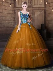 Gorgeous Brown One Shoulder Lace Up Pattern Quinceanera Dress Sleeveless