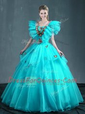Smart Organza Sweetheart Sleeveless Lace Up Embroidery Sweet 16 Dresses in Aqua Blue