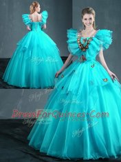 Smart Organza Sweetheart Sleeveless Lace Up Embroidery Sweet 16 Dresses in Aqua Blue