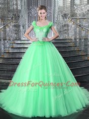 Straps Sleeveless Brush Train Beading and Appliques Lace Up Quinceanera Gown