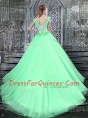 Straps Sleeveless Brush Train Beading and Appliques Lace Up Quinceanera Gown