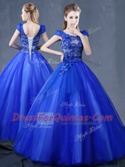 Royal Blue Organza Lace Up Quinceanera Gowns Short Sleeves Floor Length Lace and Appliques