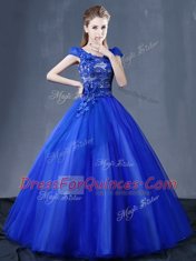 Royal Blue Organza Lace Up Quinceanera Gowns Short Sleeves Floor Length Lace and Appliques