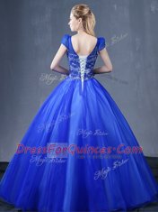 Royal Blue Organza Lace Up Quinceanera Gowns Short Sleeves Floor Length Lace and Appliques