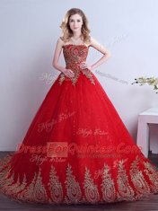 Red Lace Up Quinceanera Dresses Appliques and Sequins Sleeveless Court Train