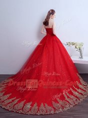 Red Lace Up Quinceanera Dresses Appliques and Sequins Sleeveless Court Train