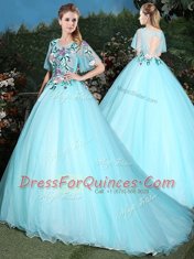 Scoop Aqua Blue Half Sleeves Brush Train Appliques Quince Ball Gowns