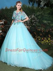 Scoop Aqua Blue Half Sleeves Brush Train Appliques Quince Ball Gowns
