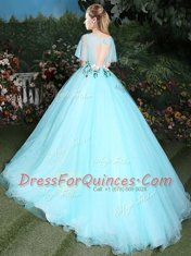 Scoop Aqua Blue Half Sleeves Brush Train Appliques Quince Ball Gowns