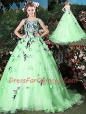 Low Price Scoop Sleeveless Brush Train Zipper Appliques Sweet 16 Quinceanera Dress